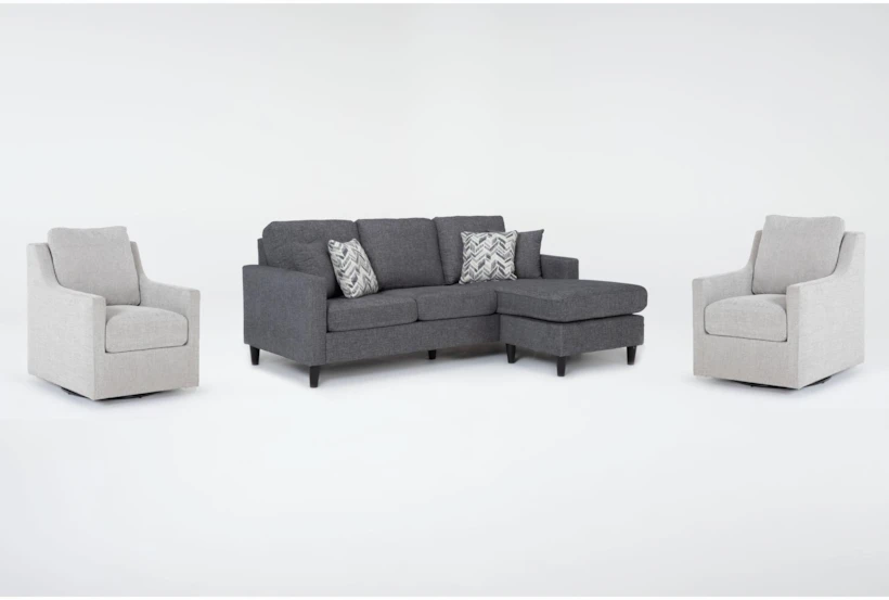 Stark Dark Grey Sofa with Reversible Chaise & 2 Light Grey Swivel Chairs - 360
