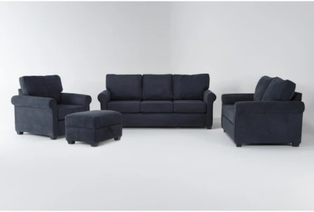 Athos Midnight Blue 4 Piece Queen Sleeper Sofa, Loveseat, Chair & Storage Ottoman Set