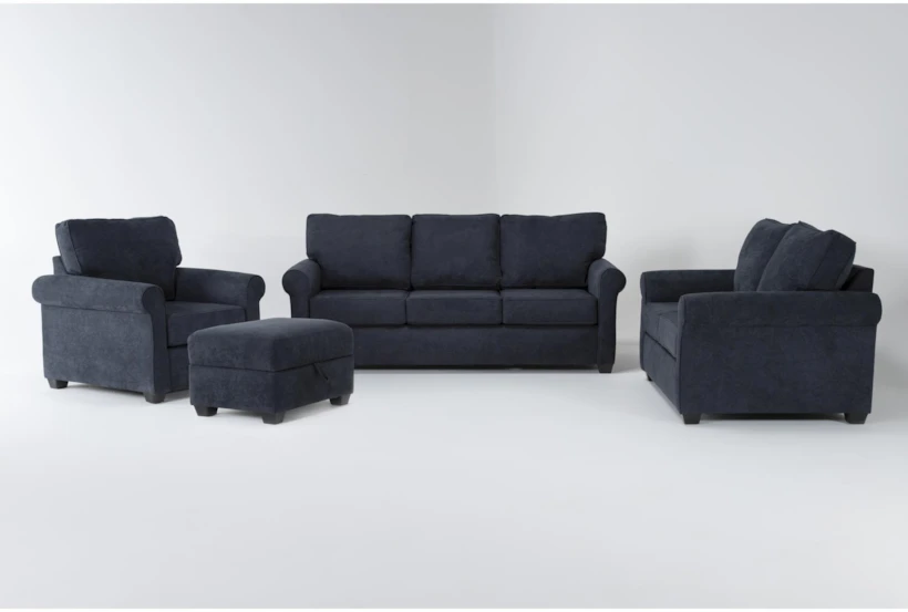 Athos Midnight Blue 4 Piece Queen Sleeper Sofa, Loveseat, Chair & Storage Ottoman Set - 360