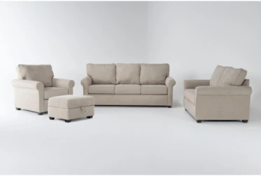 Athos Cream 4 Piece Sofa, Loveseat, Chair & Storage Ottoman Set