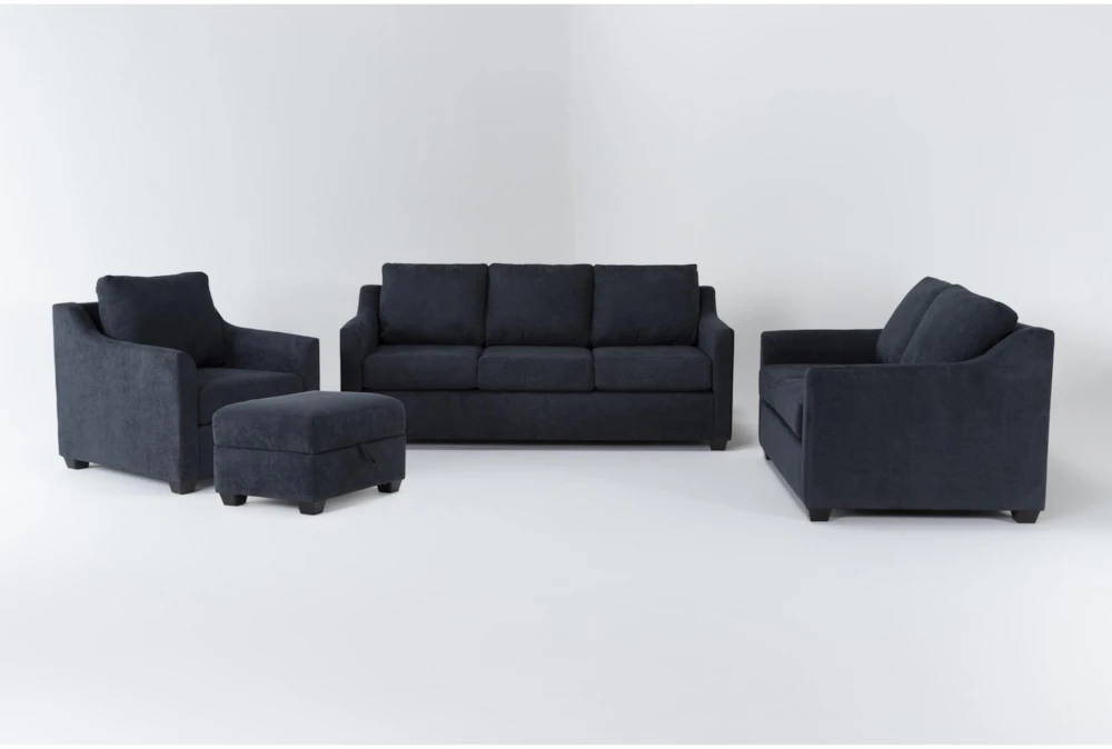Porthos Midnight Blue 4 Piece Sofa, Loveseat, Chair & Storage Ottoman Set