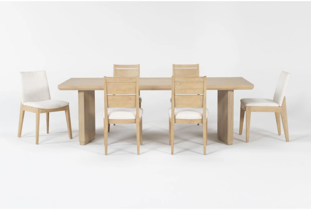 Voyage Natural 94" Trestle Dining With Wood Back + Upholstered Dining Chairs Set For 6 By Nate Berkus + Jeremiah Brent