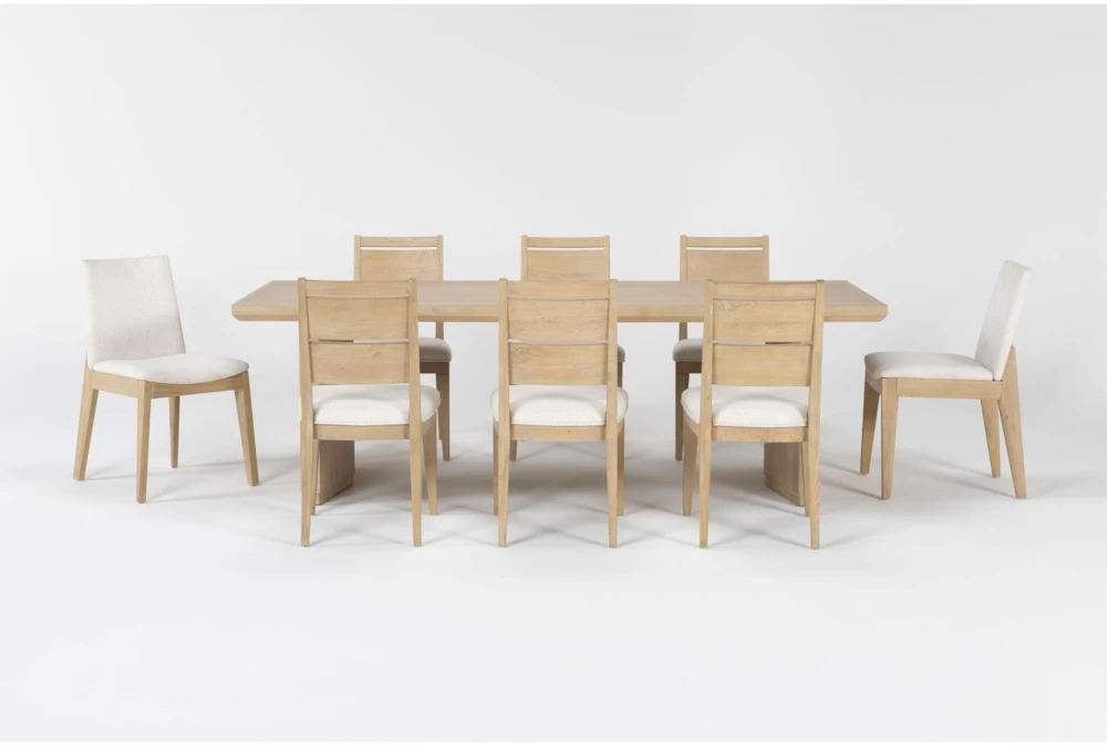Voyage Natural 94" Trestle Dining With Wood Back + Upholstered Dining Chairs Set For 8 By Nate Berkus + Jeremiah Brent