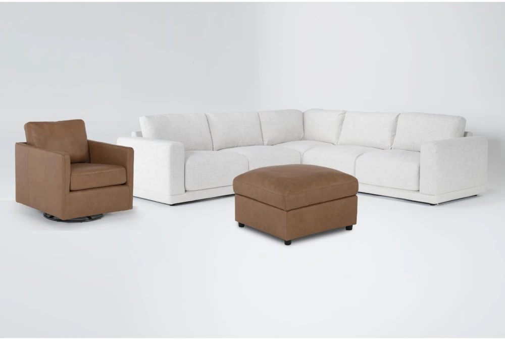 Dreanna 3 Piece Sectional with Leather Swivel Chair & Leather Ottoman