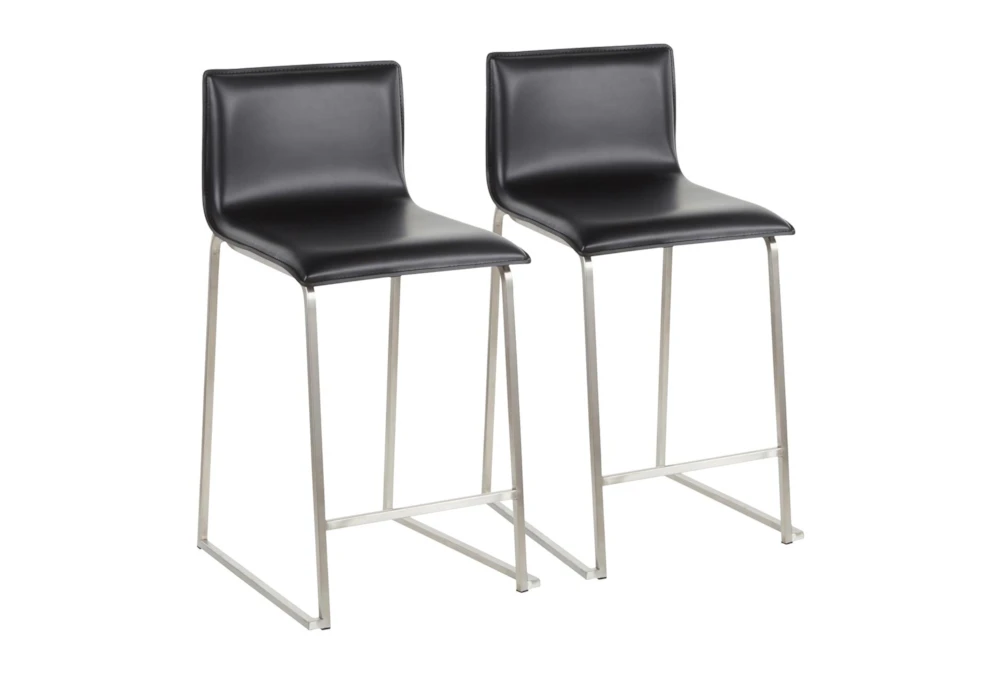 Cara Brushed Stainless and Black Faux Leather Counter Stool Set of 2