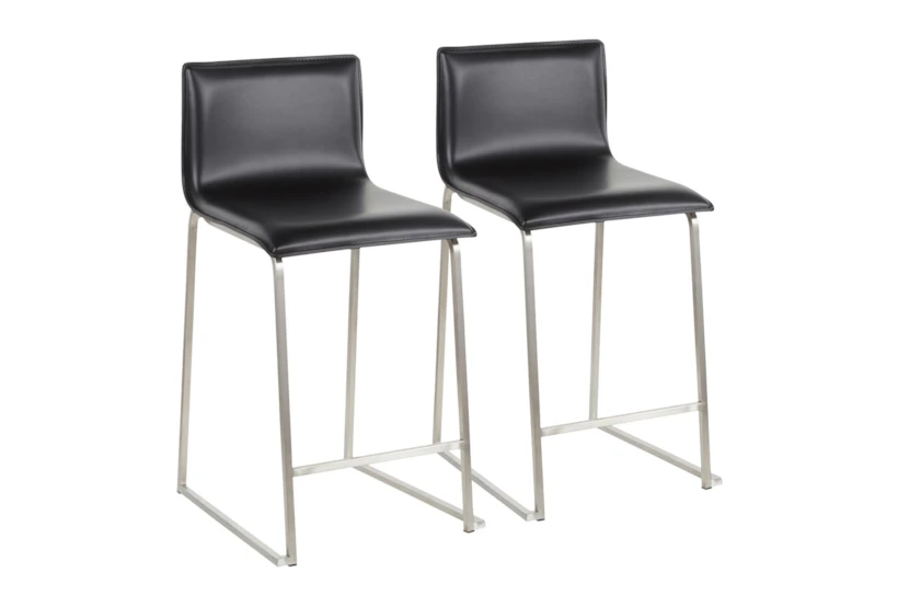 Cara Brushed Stainless and Black Faux Leather Counter Stool Set of 2 - 360