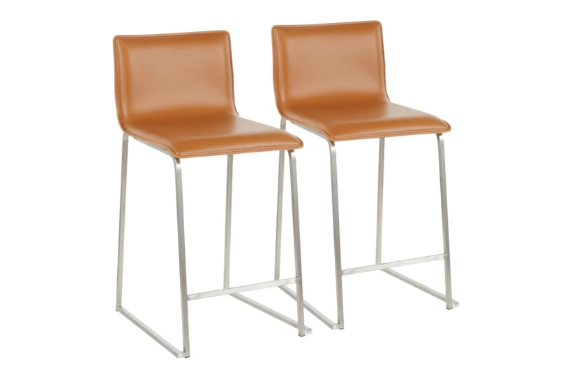Cara Brushed Stainless and Carmel Faux Leather Counter Stool Set of 2 - 360