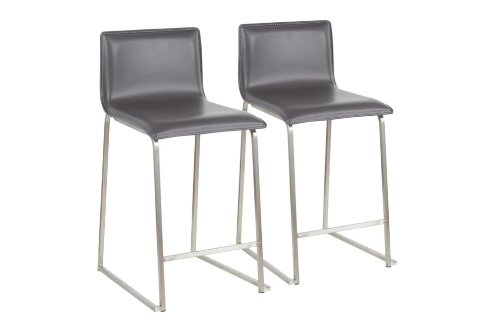 Cara Brushed Stainless and Grey Faux Leather Counter Stool Set of 2