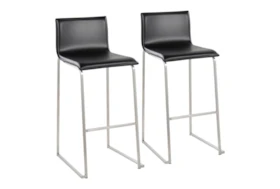 Cara Stainless Steel and Black Faux Leather Bar Stool Set of 2