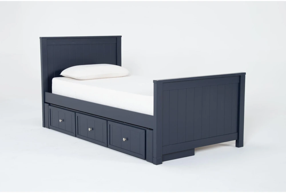 Luca Blue Twin Wood Panel Bed With Single 3-Drawer Storage Unit