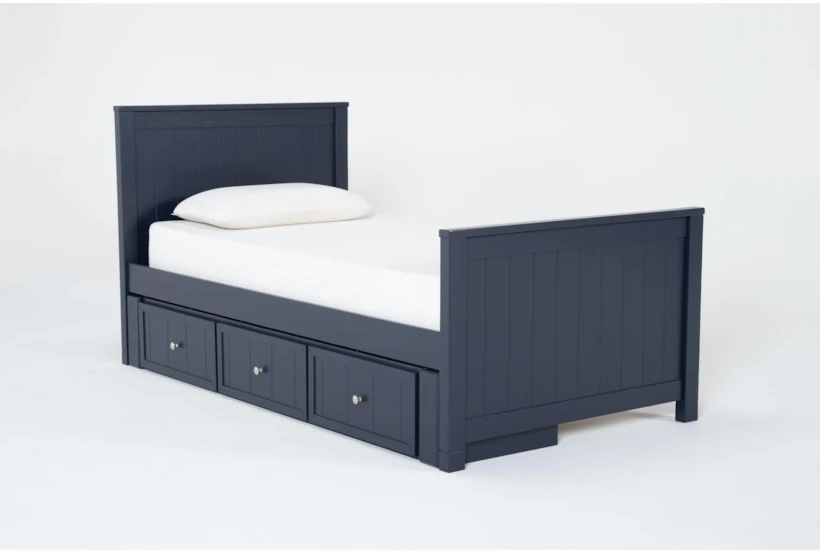 Luca Blue Twin Wood Panel Bed With Single 3-Drawer Storage Unit - 360