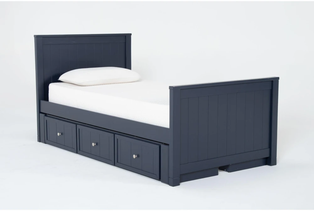 Luca Blue Twin Wood Panel Bed With Double 3-Drawer Storage Unit