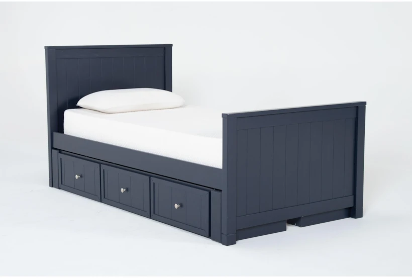 Luca Blue Twin Wood Panel Bed With Double 3-Drawer Storage Unit - 360