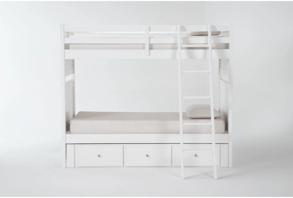 Luca White Twin Over Twin Wood Bunk Bed With 3-Drawer Storage Unit