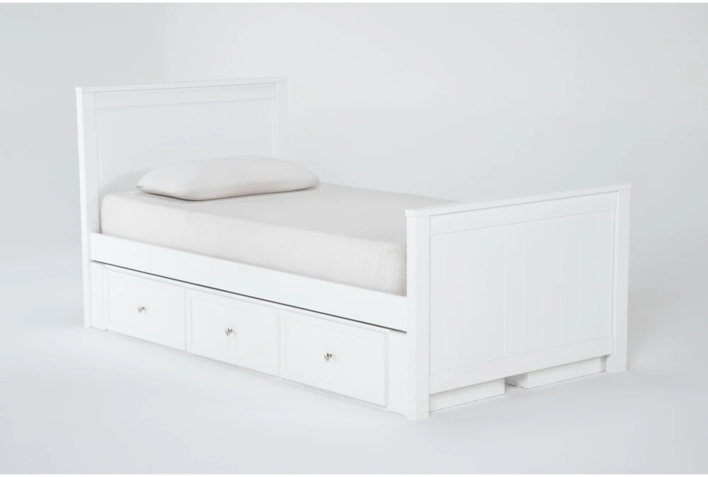 Luca White Twin Wood Panel Bed With Double 3-Drawer Storage Unit