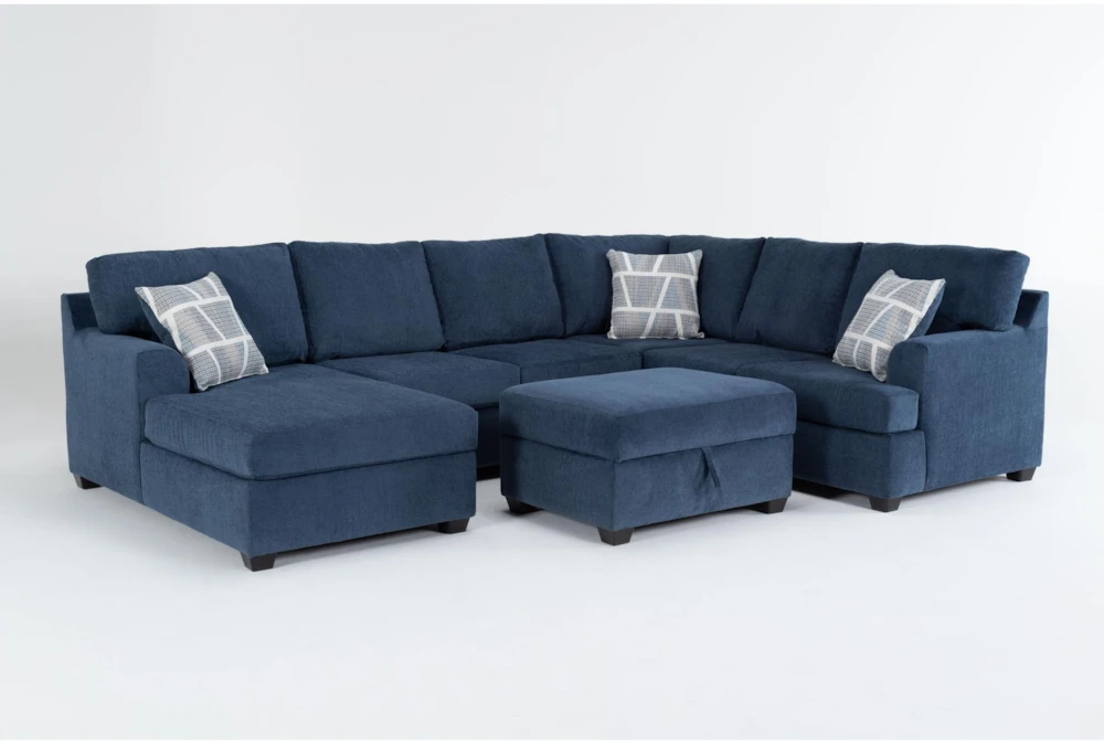 Colby Navy 128" 3 Piece Sectional with Right Arm Facing Tux & Left Arm Facing Chaise & Storage Ottoman