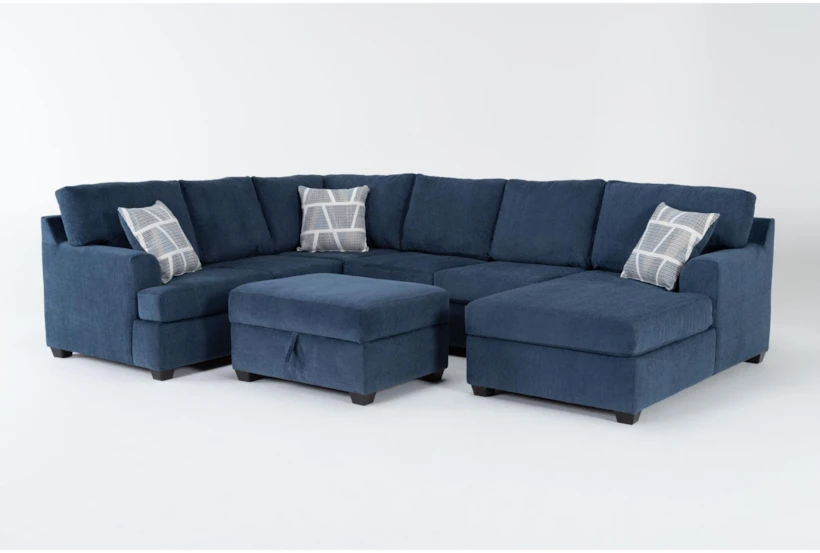 Colby Navy 128" 3 Piece Sectional with Left Arm Facing Tux & Right Arm Facing Chaise & Storage Ottoman - 360