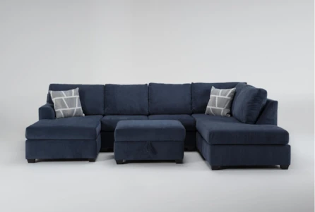 Colby Navy 128" 3 Piece Sectional with Left Arm Facing Chaise & Right Arm Facing Corner Chaise & Storage Ottoman