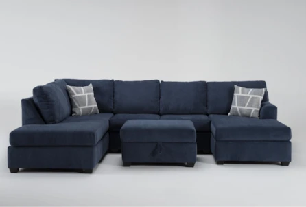 Colby Navy 128" 3 Piece Sectional with Right Arm Facing Chaise & Left Arm Facing Corner Chaise & Storage Ottoman