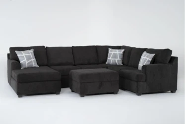 Colby Smoke 128" 3 Piece Sectional with Right Arm Facing Tux & Left Arm Facing Chaise & Storage Ottoman