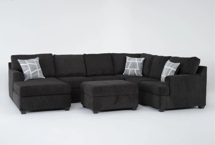 Colby Smoke 128" 3 Piece Sectional with Right Arm Facing Tux & Left Arm Facing Chaise & Storage Ottoman - 360