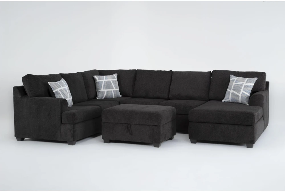 Colby Smoke 128" 3 Piece Sectional with Left Arm Facing Tux & Right Arm Facing Chaise & Storage Ottoman