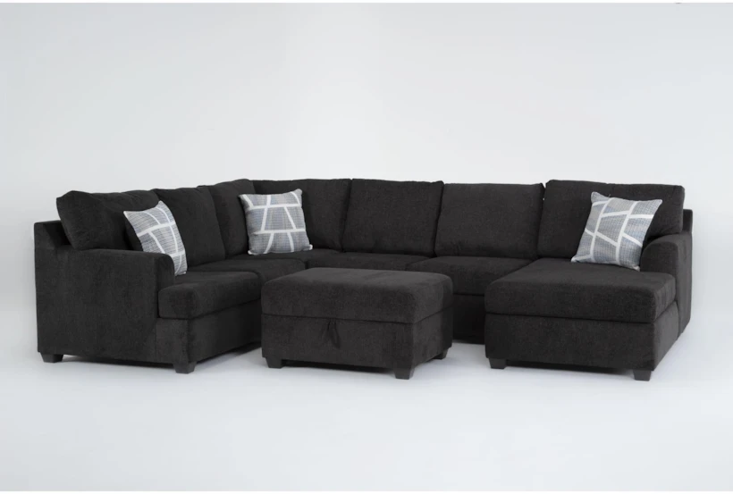 Colby Smoke 128" 3 Piece Sectional with Left Arm Facing Tux & Right Arm Facing Chaise & Storage Ottoman - 360
