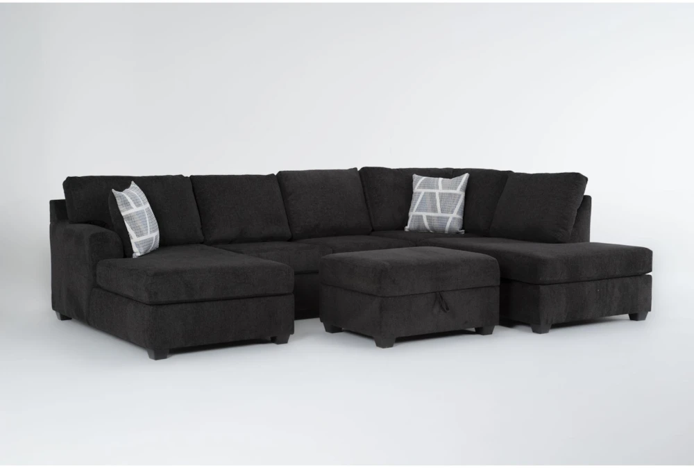 Colby Smoke 128" 3 Piece Sectional with Left Arm Facing Chaise & Right Arm Facing Corner Chaise & Storage Ottoman