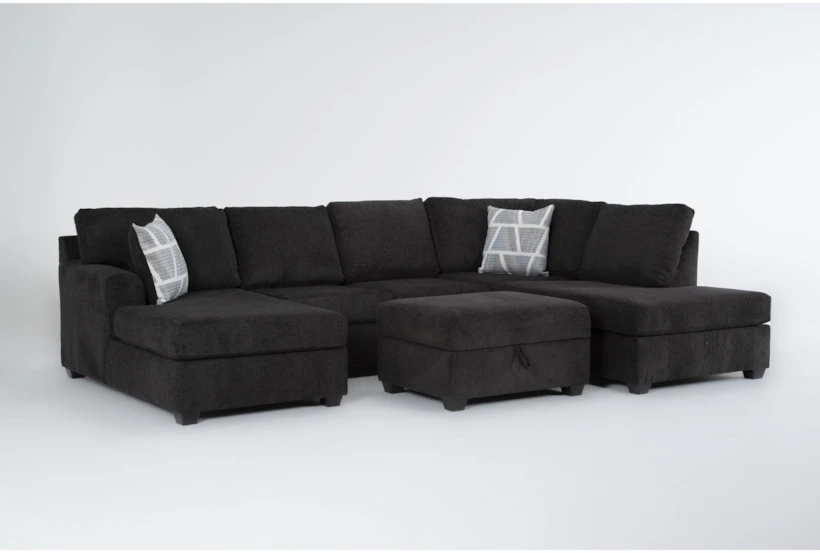 Colby Smoke 128" 3 Piece Sectional with Left Arm Facing Chaise & Right Arm Facing Corner Chaise & Storage Ottoman - 360