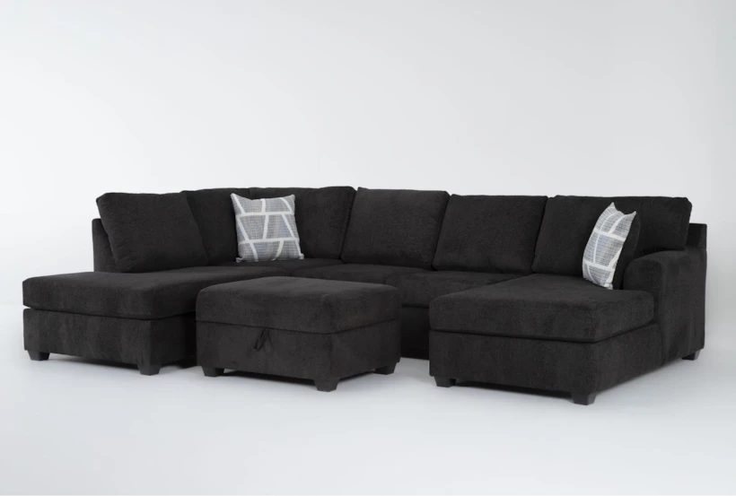 Colby Smoke 128" 3 Piece Sectional with Right Arm Facing Chaise & Left Arm Facing Corner Chaise & Storage Ottoman - 360