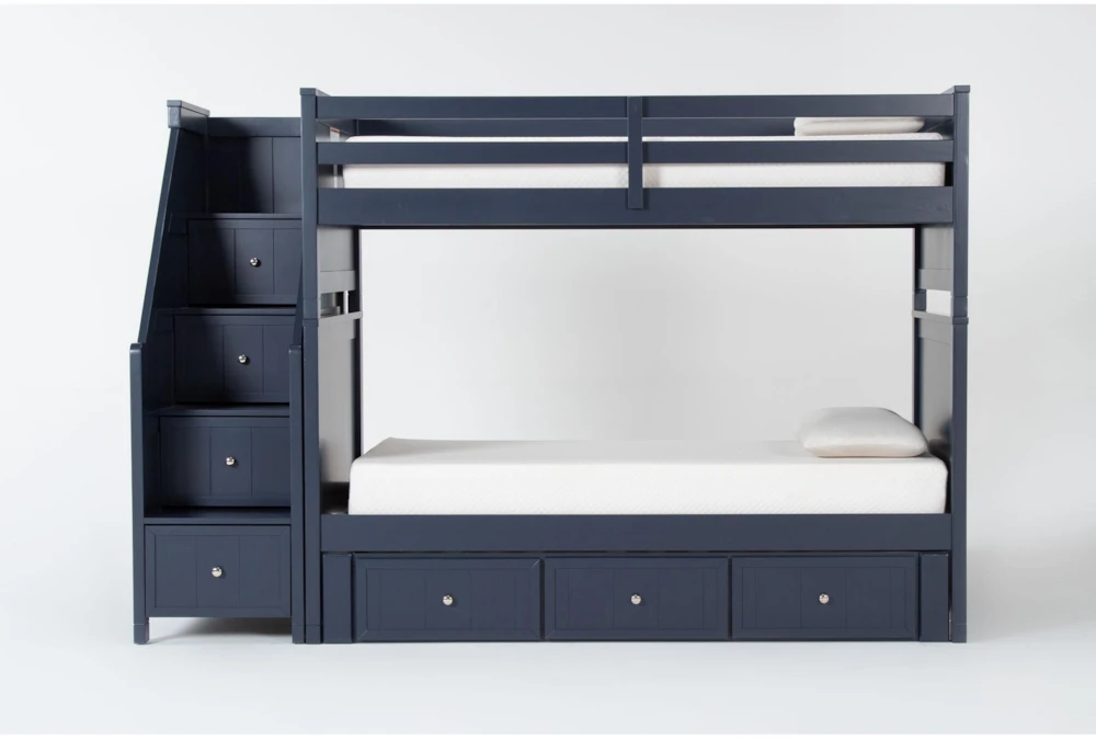 Luca Blue Twin Over Twin Wood Bunk Bed With Stairway & 3-Drawer Storage Unit