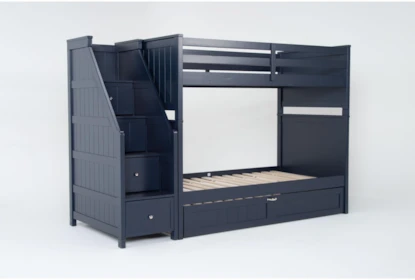 Luca Blue Twin Over Twin Bunk Bed With Stairway & Trundle - Side