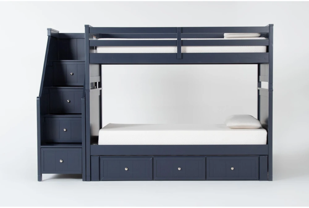 Luca Blue Full Over Full Wood Bunk Bed With Stairway & 3-Drawer Storage Unit