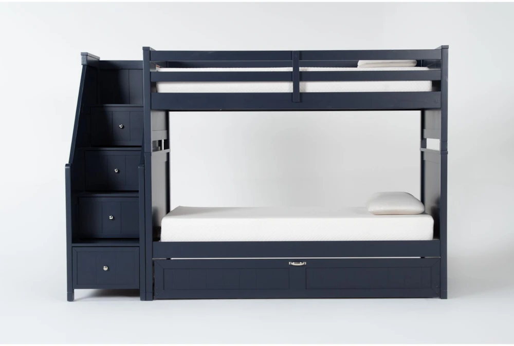 Luca Blue Full Over Full Wood Bunk Bed With Stairway & Trundle