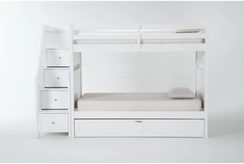 Luca White Full Over Full Wood Bunk Bed With Stairway & Trundle