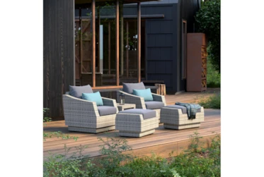 Carlyle Outdoor 5 Piece Chair + Ottoman Conversation Set With Grey Polyester Cushions