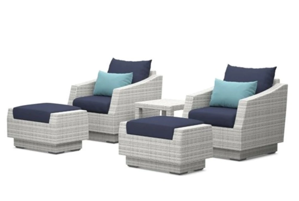 Carlyle Outdoor 5 Piece Chair + Ottoman Conversation Set With Blue Polyester Cushions