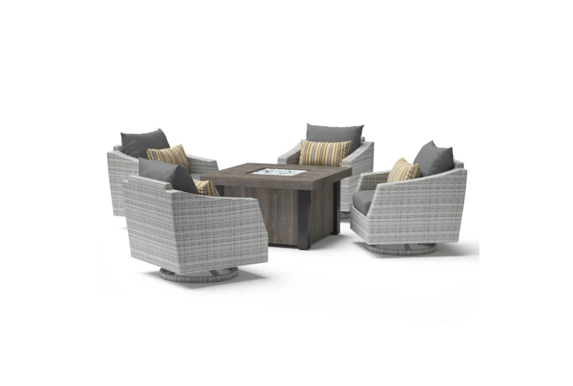 Carlyle Outdoor 5 Piece Lounge Chair + Square Firepit Conversation Set With Charcoal Grey Sunbrella Cushions - 360