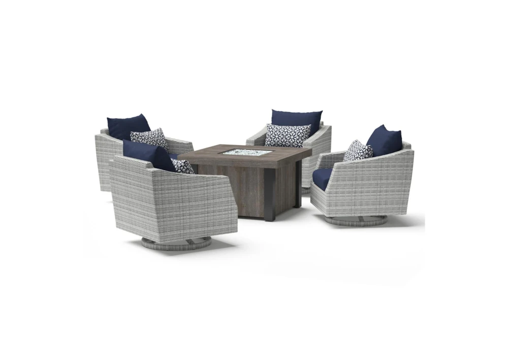 Carlyle Outdoor 5 Piece Lounge Chair + Square Firepit Conversation Set With Navy Blue Sunbrella Cushions