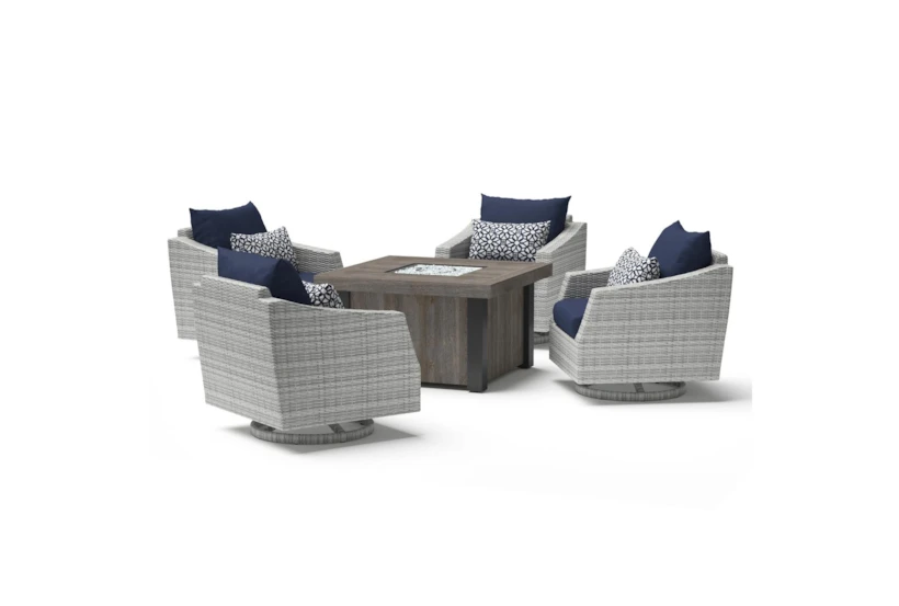 Carlyle Outdoor 5 Piece Lounge Chair + Square Firepit Conversation Set With Navy Blue Sunbrella Cushions - 360