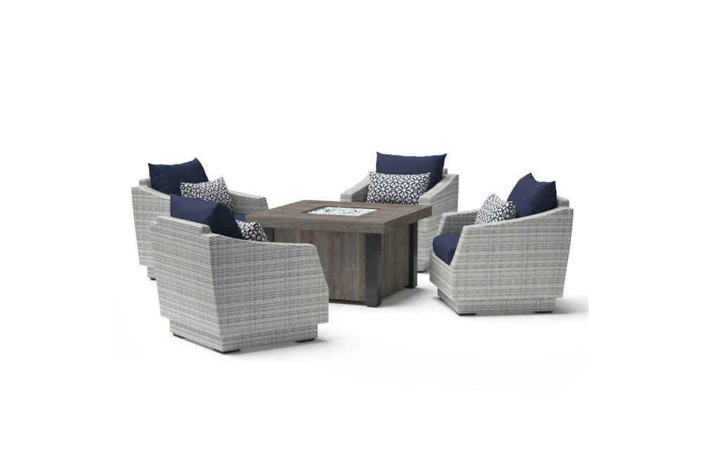 Carlyle Outdoor 5 Piece Motion Lounge Chair + Square Firepit Conversation Set With Navy Blue Sunbrella Cushions