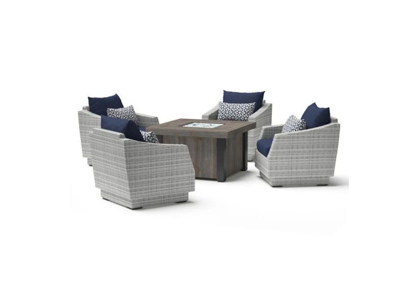 Carlyle Outdoor 5 Piece Motion Lounge Chair + Square Firepit Conversation Set With Navy Blue Sunbrella Cushions - 360