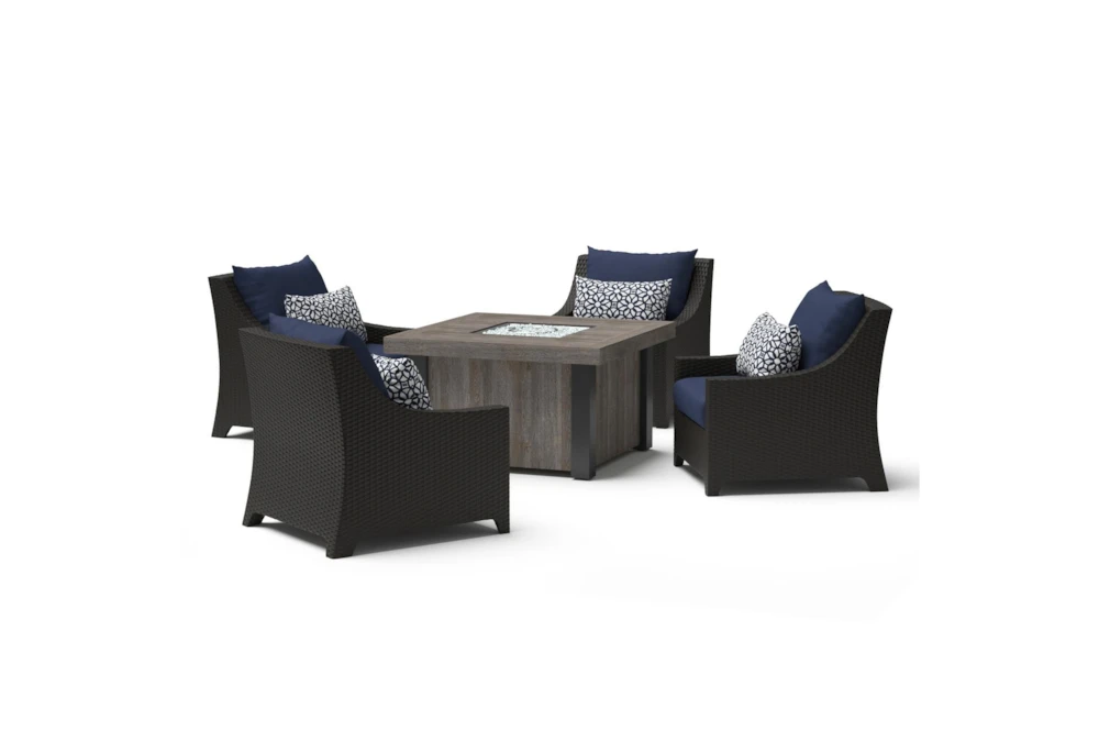 Sagrada Outdoor 5 Piece Lounge Chair + Square Firepit Conversation Set With Navy Blue Cushions
