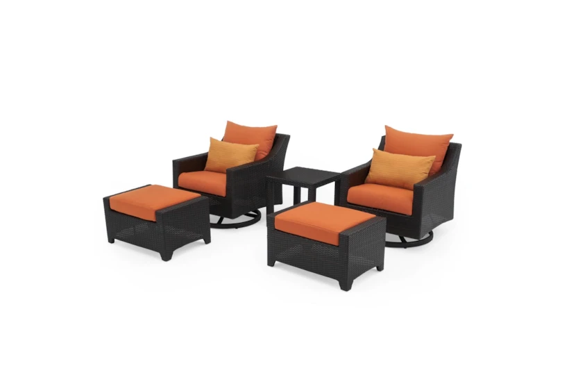 Sagrada Outdoor 5 Piece Motion Lounge Chair + Ottoman Conversation Set With Tikka Orange Cushions + Woven End Table - 360