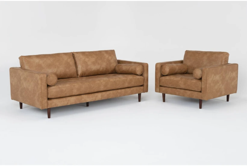 Lukas Caramel Brown Faux Leather 2 Piece Sofa & Arm Chair Set - 360