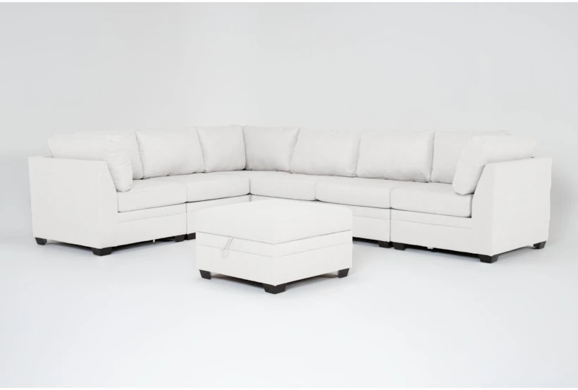 Solimar Sand 7 Piece Modular Sectional with 3 Corners, 3 Armless Chairs & Storage Ottoman - 360
