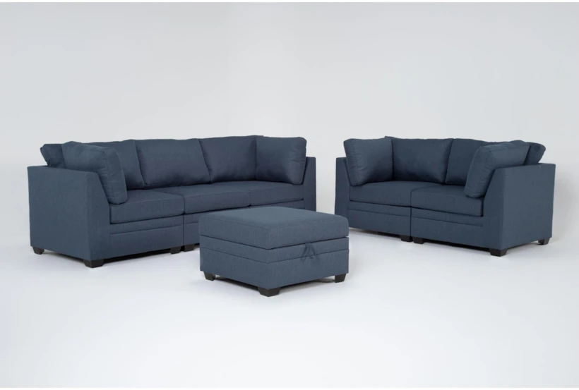 Solimar Denim 6 Piece Modular Sofa, Loveseat & Storage Ottoman - 360