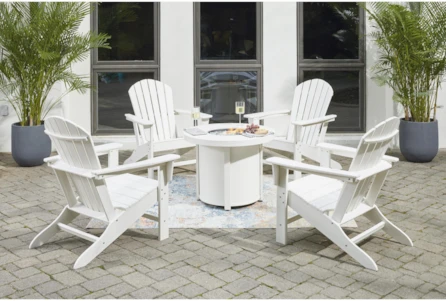Verbena White Outdoor 5 Piece Adirondack Chair + Round Fire Pit Conversation Set