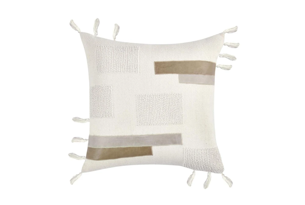 22X22 Ivory Natural Pieced Throw Pillow With Tassels + Leather Detail