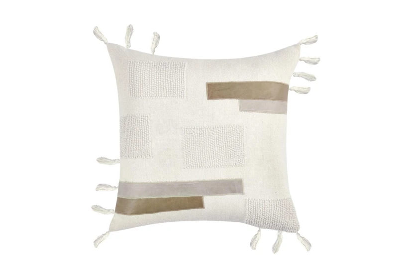 22X22 Ivory Natural Pieced Throw Pillow With Tassels + Leather Detail - 360